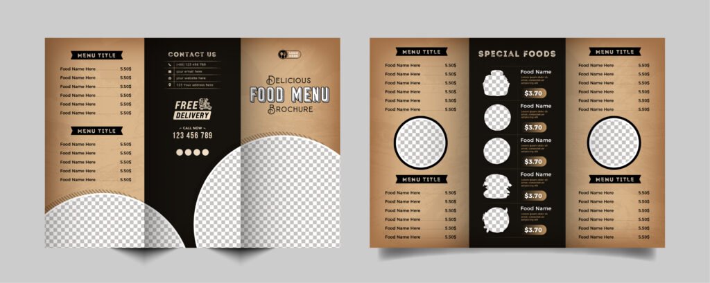 food trifold brochure menu template. vintage fast food menu brochure for restaurant with black and old color
