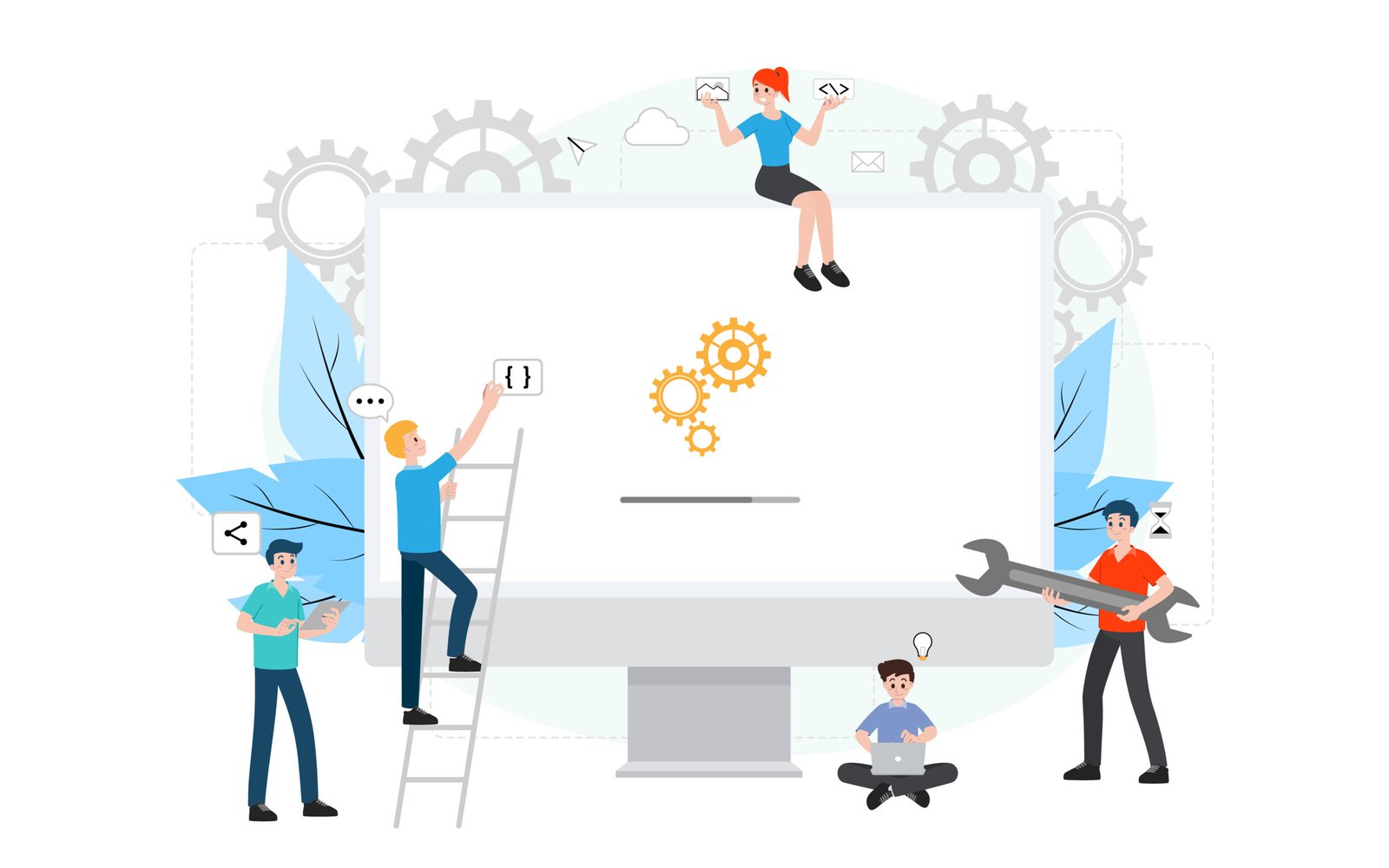 it administrator with software upgrade process on laptop. digital system device administration, network upkeeping, computer systems configuration concept. system maintenance application vector.